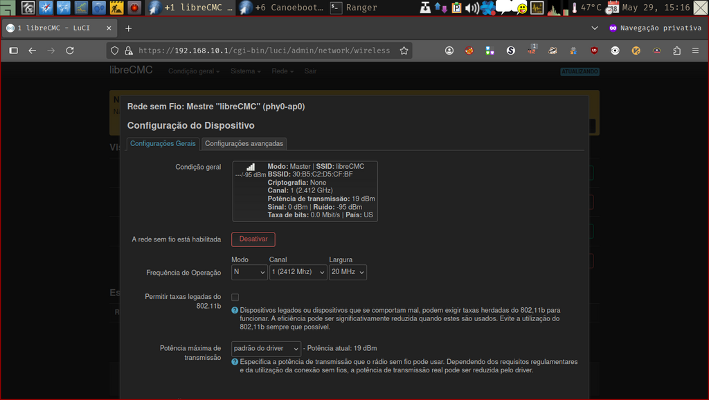 LuCi web interface - janela de configuração da rede sem fio