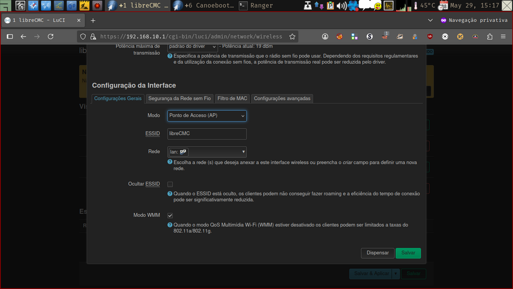 LuCi web interface - janela de configuração da rede sem fio