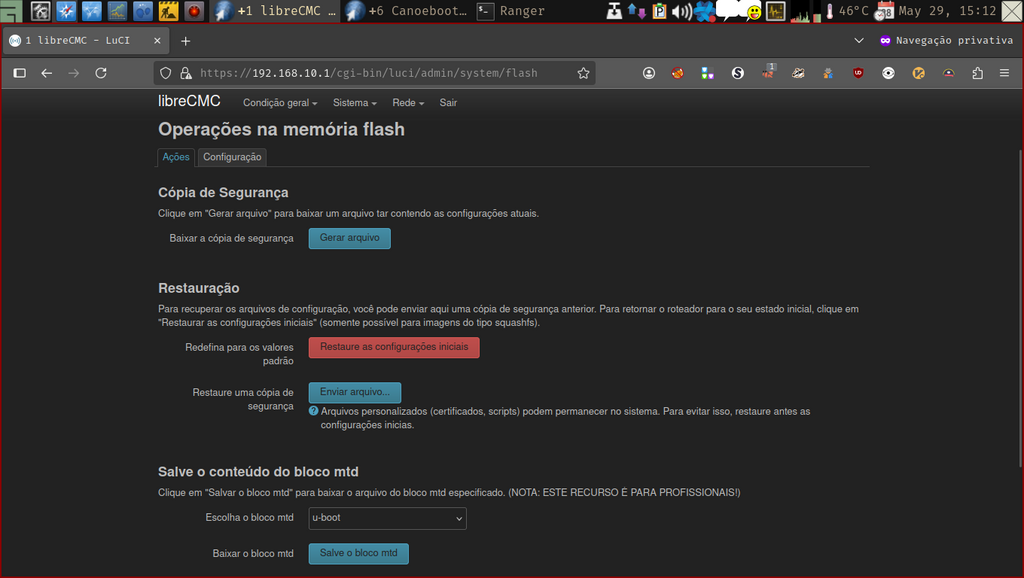 LuCi web interface - página Cópia de Segurança/Gravar Firmware