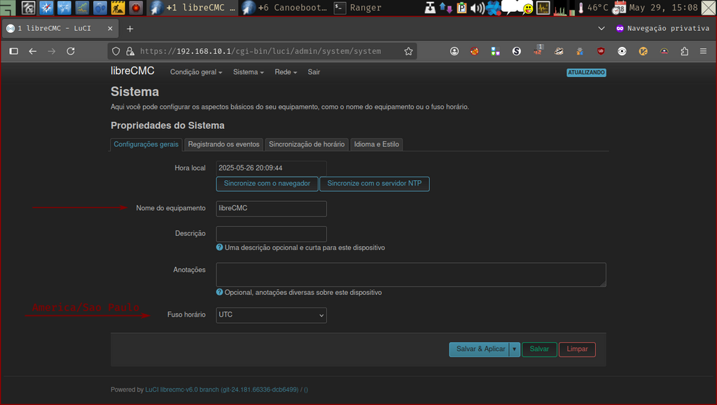 LuCi web interface - página Sistema, aba Configurações gerais