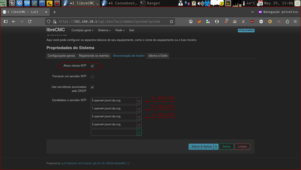 LuCi web interface - página Sistema, aba Sincronização do horário